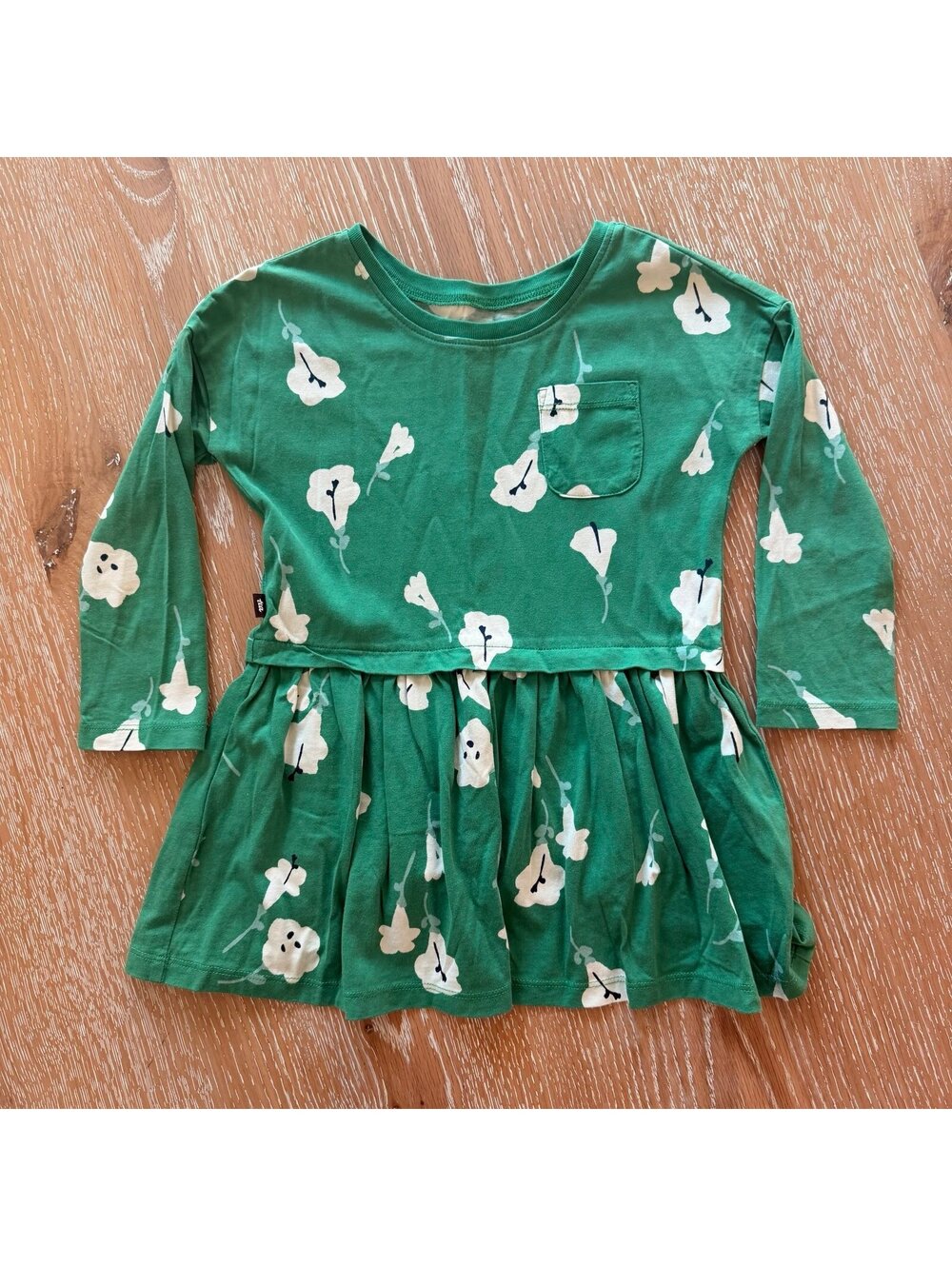 Tea Collection Green Floral Cotton Long Sleeve Pocket Dress Girls Size 3T